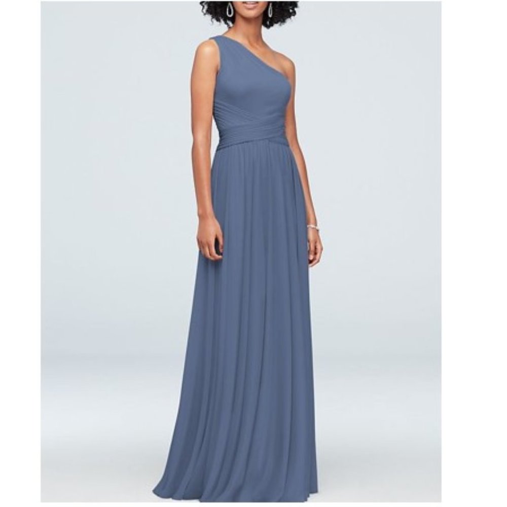 David's Bridal Steel Blue One Shoulder Mesh Bridesmaid Dress Size 14 NEW